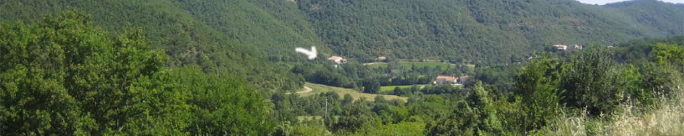 Landschap met groene heuvels en bossen, cluster gebouwen gemarkeerd met witte pijl in le mas daunas omgeving