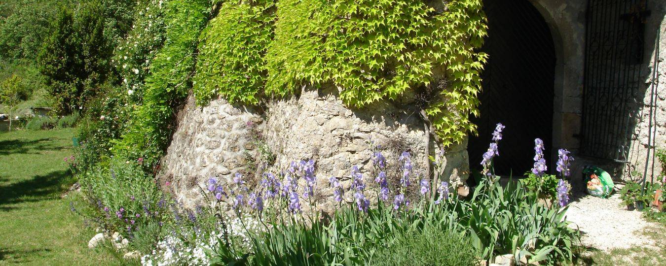 Oude stenen muur bedekt met klimop en kleurrijke tuin bij traditionele boerderij le mas d'aunas